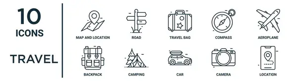トラベルアウトラインアイコンセット 薄いラインマップと場所 旅行バッグ 飛行機 キャンプ カメラ レポート プレゼンテーション Webデザインのためのバックパックアイコン — ストックベクタ