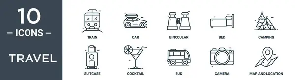 Набір Іконок Подорожі Включає Себе Тонку Лінію Поїзд Автомобіль Бінокль — стоковий вектор