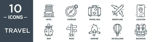 トラベルアウトラインアイコンセットには 薄いラインホテル コンパス 旅行バッグ 飛行機 レポート プレゼンテーション Webデザインのロードアイコンが含まれています — ストックベクタ