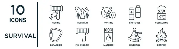 Набір Значків Виживання Таких Тонка Лінія Риболовлі Полювання Збору Риболовля — стоковий вектор