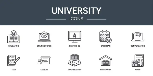 Set Van Outline Web Universiteit Iconen Zoals Onderwijs Online Cursus — Stockvector
