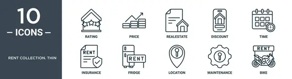 Kira koleksiyonu. ince taslak simge seti ince çizgi derecelendirme, fiyat, emlak, indirim, zaman, sigorta, rapor için buzdolabı simgeleri, sunum, diyagram, web tasarımı