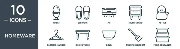 Набір Іконок Домашнього Посуду Включає Себе Тонку Лінію Туалету Капці — стоковий вектор