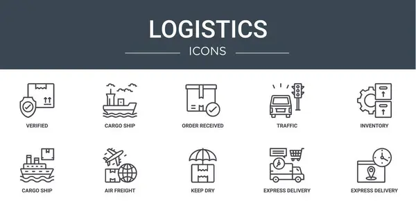 Σύνολο Εικονίδια Περιγράμματος Web Logistics Όπως Επαληθεύεται Φορτηγό Πλοίο Παραγγελία — Διανυσματικό Αρχείο