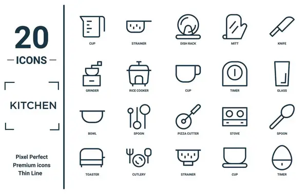 Кухонний Лінійний Набір Іконок Включає Тонку Лінію Чашки Шліфувальної Машини — стоковий вектор