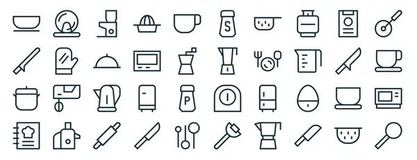 Набір Контурних Іконок Веб Кухні Таких Стійка Посуду Ніж Кухонний — стоковий вектор