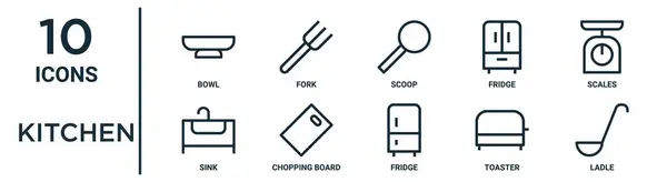 Κουζίνα Περίγραμμα Σύνολο Εικονίδιο Όπως Λεπτή Γραμμή Μπολ Σέσουλα Κλίμακες — Διανυσματικό Αρχείο