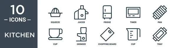 Набір Іконок Кухонного Контуру Включає Тонку Лінію Стискання Соковижималку Холодильник — стоковий вектор