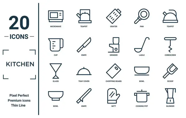 Кухонний Лінійний Набір Іконок Включає Себе Тонку Лінію Мікрохвильової Печі — стоковий вектор