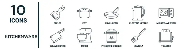 薄いライン ピーラー フライパン マイクロ波オーブン ミキサー スパチュラ トースター レポート プレゼンテーション Webデザインのための掃除機のナイフアイコンなどのキッチンウェアの概要アイコンセット — ストックベクタ