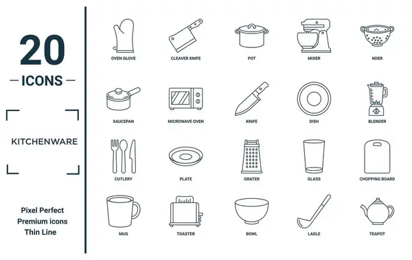 Набір Лінійних Іконок Посуду Включає Себе Тонку Лінію Піч Рукавички — стоковий вектор