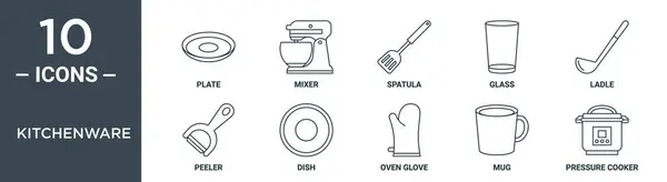 Набір Іконок Контуру Посуду Включає Тонку Лінійну Пластину Мікшер Шпатель — стоковий вектор