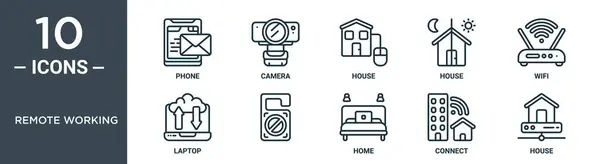 Набір Піктограм Віддаленого Робочого Контуру Включає Тонкий Телефон Камеру Будинок — стоковий вектор