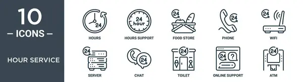 Hour Service Outline Icon Set Includes Thin Line Hours Hours — Stock Vector