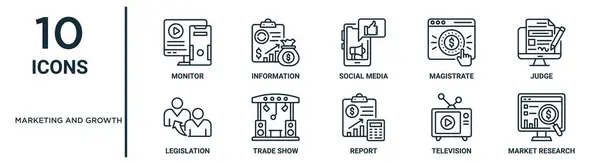 Маркетингові Контурні Значки Зростання Такі Тонкий Лінійний Монітор Соціальні Медіа — стоковий вектор
