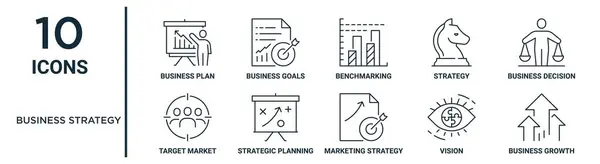 Σύνολο Εικονίδιο Περίγραμμα Επιχειρηματική Στρατηγική Όπως Λεπτή Γραμμή Επιχειρηματικό Σχέδιο — Διανυσματικό Αρχείο