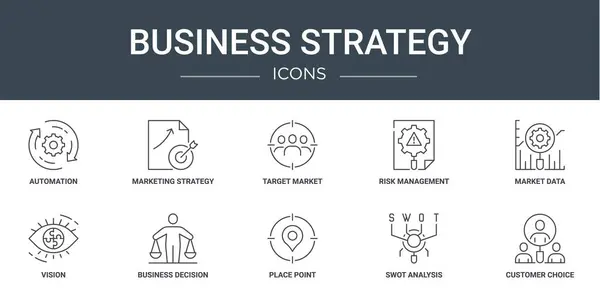 Otomasyon, pazarlama stratejisi, hedef pazar, risk yönetimi, pazar verileri, vizyon, iş karar ikonları gibi 10 ana hatlı web stratejisi ikonu sunumu,
