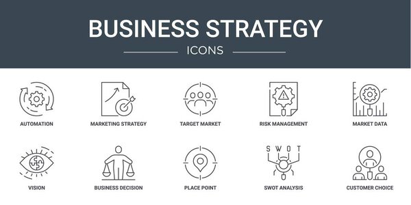 набор из 10 набросков иконок веб-стратегии бизнеса, таких как автоматизация, маркетинговая стратегия, целевой рынок, управление рисками, рыночные данные, видение, векторные иконки бизнес-решений для отчета, презентации,