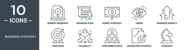 Business Strategy Outline Icoon Set Omvat Dunne Lijn Marktonderzoek Business — Stockvector