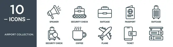 空港コレクション アウトラインアイコンセットには 薄いラインスピーカー セキュリティチェック スーツケース パスポート スーツケース セキュリティチェック レポート プレゼンテーション — ストックベクタ