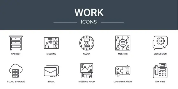 stock vector set of 10 outline web work icons such as cabinet, meeting, clock, meeting, discussion, cloud storage, email vector icons for report, presentation, diagram, web design, mobile app