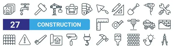 Set Outline Web Construction Icons Wood Plumbing Hammer Drawing Tools — Stock Vector