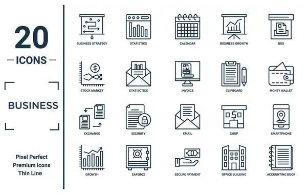 商业线性图标集 包括细线业务策略 股票市场 交易所 会计账簿 智能手机图标 用于报告 网页设计 — 图库矢量图片