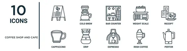 Coffee Shop Cafe Outline Icon Set Thin Line Bar Counter — Stock Vector