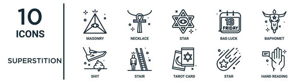 superstition outline icon set such as thin line masonry, star, baphomet, stair, star, hand reading, shit icons for report, presentation, diagram, web design