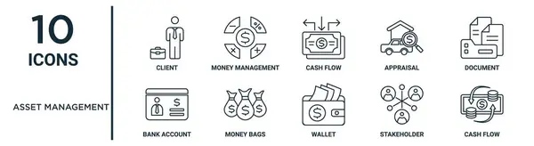 Eszközkezelési Vázlat Ikon Készlet Mint Vékony Vonal Kliens Cash Flow — Stock Vector