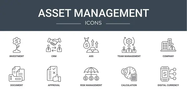 Set Outline Web Asset Management Icons Investment Crm Ass Team — стоковый вектор
