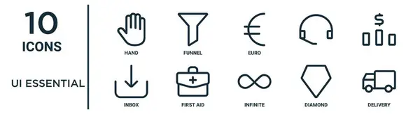 Základní Sada Ikon Jako Tenká Čára Ruka Euro První Pomoc — Stockový vektor