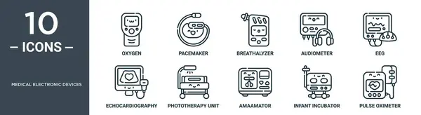 Ιατρικές Ηλεκτρονικές Συσκευές Περίγραμμα Σύνολο Εικονίδιο Περιλαμβάνει Λεπτή Γραμμή Οξυγόνου — Διανυσματικό Αρχείο