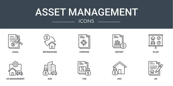 Set Outline Web Asset Management Icons Legal Refinancing Purpose Report — Vetor de Stock