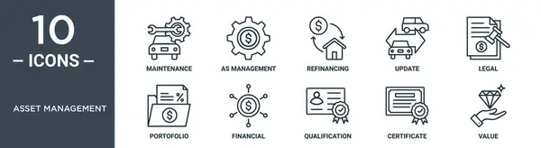 资产管理大纲图标集包括细线维护 如管理 再融资 报告财务图标 网页设计 — 图库矢量图片