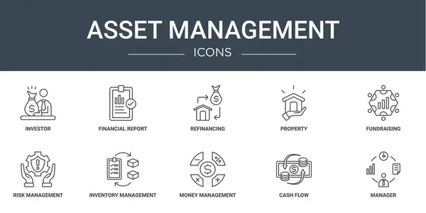 Set Outline Web Asset Management Icons Investor Financial Report Refinancing — Stock Vector