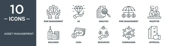 资产管理大纲图标集包括细线风险管理 如分析 风险管理 投资人 建筑物 用于报告 网页设计的现金图标 — 图库矢量图片