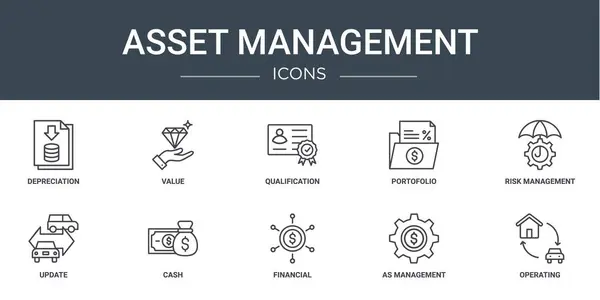 Set Van Outline Web Asset Management Iconen Zoals Afschrijving Waarde — Stockvector