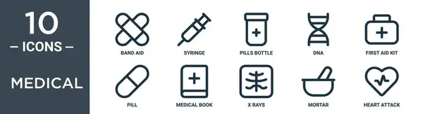 医学の輪郭のアイコン セットは薄いライン バンド援助 スポイト 丸薬のびん Dna 最初の援助のキット レポート ウェブ設計のための医学の本のアイコンを含んでいます — ストックベクタ