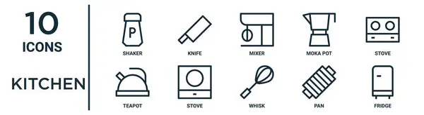 Набір Іконок Кухонного Контуру Таких Тонка Лінія Шейкер Мікшер Плита — стоковий вектор