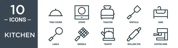 キッチンアウトラインアイコンセットには 薄いライントレイカバー ストーブ トースター スパチュラ シンク レポート プレゼンテーション Webデザインのためのグリッドアイコンが含まれています — ストックベクタ