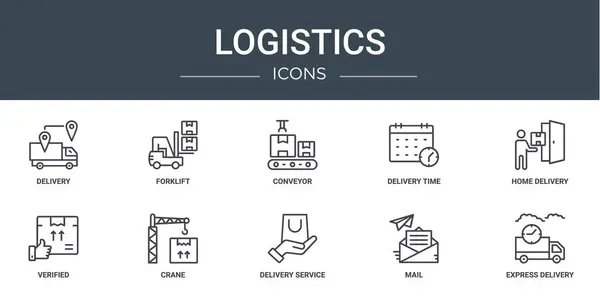 Σύνολο Εικονίδια Περίγραμμα Web Logistics Όπως Παράδοση Περονοφόρο Ανυψωτικό Μεταφορέας — Διανυσματικό Αρχείο