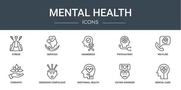 Rapor, sunum, diyagram, web gibi 10 ana hatlı zihinsel sağlık ikonu, stres, hizmet, farkındalık, psikiyatrist, yardım hattı, terapi, obsesif kompülsif bozukluk vektör simgeleri