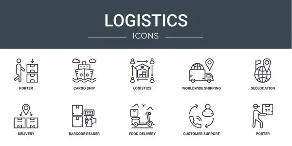 Σύνολο Περίγραμμα Web Logistics Εικονίδια Όπως Porter Φορτηγό Πλοίο Logistics — Διανυσματικό Αρχείο