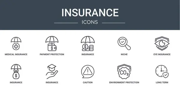 Rapor, sunum, diyagram, web tasarımı, mobil uygulama için sağlık sigortası, ödeme koruması, sigorta, nikhe, göz vektör simgeleri gibi 10 ana hatlı web sigorta simgesi seti