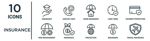 stock vector insurance outline icon set such as thin line insurance, home insurance, payment protection, travel risk management icons for report, presentation, diagram, web design