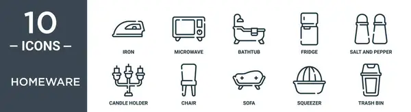 家庭用アウトラインアイコンセットには 薄い鉄 電子レンジ バスタブ 冷蔵庫 塩とコショウ キャンドルホルダー レポート プレゼンテーション Webデザインの椅子アイコンが含まれています — ストックベクタ