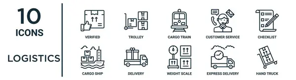 Logistics Σύνολο Εικονίδιο Περίγραμμα Όπως Λεπτή Γραμμή Επαληθεύεται Τρένο Φορτίου — Διανυσματικό Αρχείο