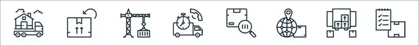 Umrisse Von Logistiklinien Symbolen Lineare Vektorsymbole Wie Hauszustellung Rücksendebox Frachtkran — Stockvektor