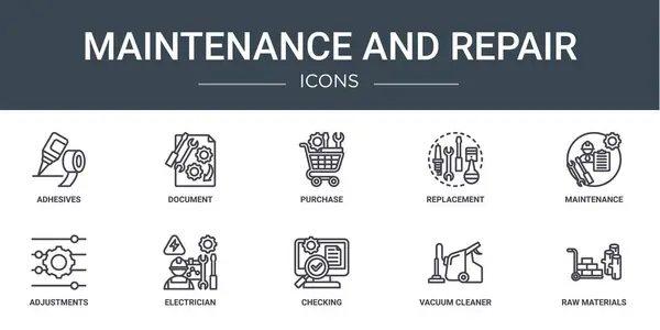 Set Outline Web Maintenance Repair Icons Adhesives Document Purchase Replacement — Stock Vector